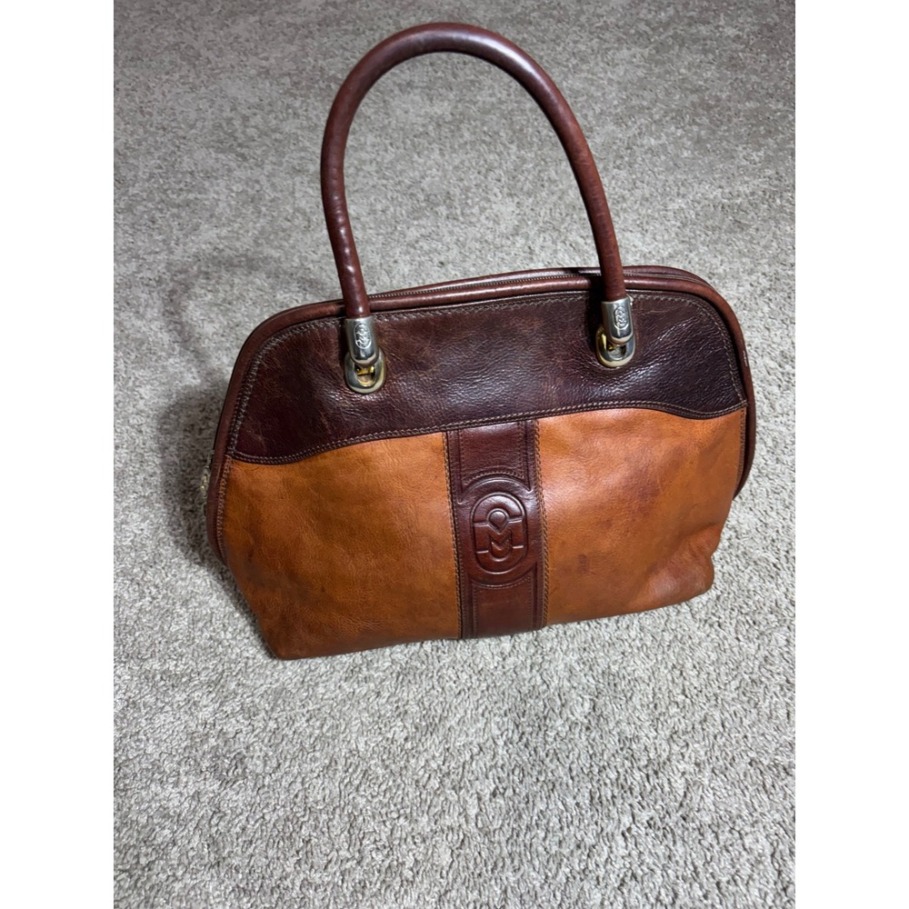 Marino Orlandi Brown Two Tone Leather Satchel Handbag Made in Italy Vintage